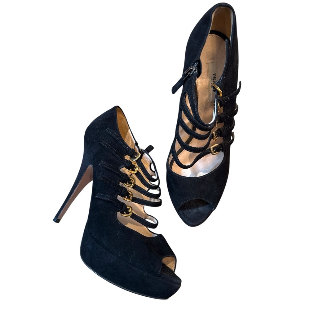 Prada Elegant Black Suede Peep-Toe Heels
